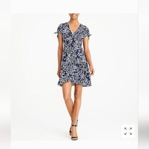 NWT J.Crew  Navy White Floral Faux ruffle wrap short sleeve Dress